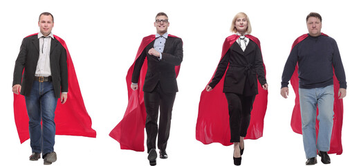group of people in red raincoat isolated on white