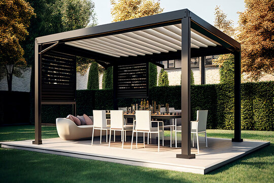 Modern patio furniture includes a pergola shade structure, an awning, a patio roof, a dining table, seats, and a metal grill. Generative AI