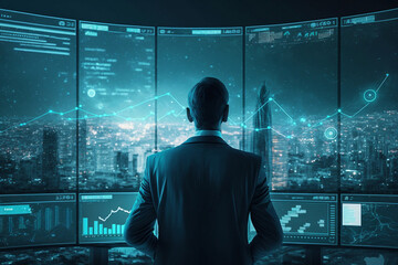 Finance trade manager analyzing stock market indicators for best investment strategy, financial data, and charts with business buildings in the background, futuristic style - obrazy, fototapety, plakaty