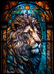a lion on the background of a colorful and multicolored stained glass window