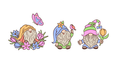 Cute spring garden gnomes with bird, tulip, butterfly. Adorable baby gnome sitting in flowerbed crosuses. Scandinavian gnomes characters. For Easter or mothers day greeting card, sign, poster, etc.