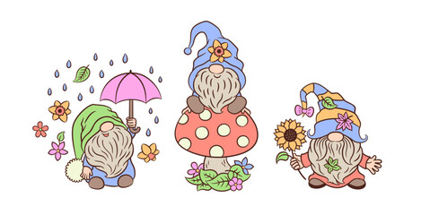 Cute cartoon spring garden gnomes with umbrella, sunflower, sitting on a toadstool. Scandinavian gnomes funny characters isolated on white. For Easter or mothers day greeting card, poster, sign, etc.