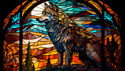 
The wolf stands in front of a stained-glass window of colorful windows