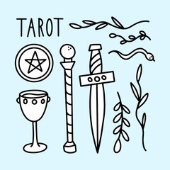 Vector doodle Tarot set. Minor Arcana. Suits of minor arcana tarot cards. Wands, Cups, Swords, Pentacles. Magic elements.