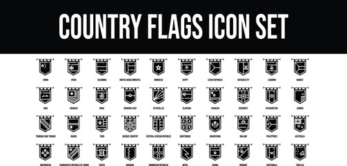 Country Flags Glyph stroke outline icons set 