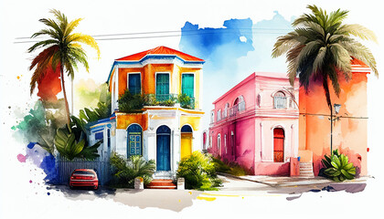 Caribbean colorful houses at sunny day. Watercolor digital painted illustration. Travel concept. Generative AI