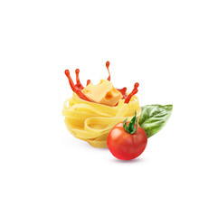 Beautifully laid pasta with tomato and cheese on a white background