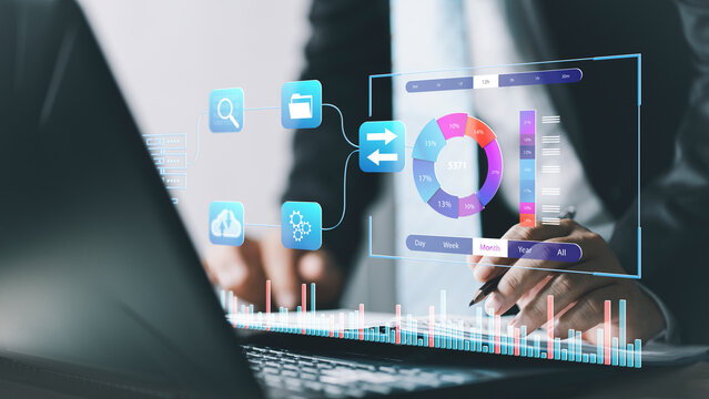 Data Management System (DMS) with Business Analytics concept. Business and technology Data analyst working on business analytics dashboard with charts, metrics and KPI to analyze performance bigdata.