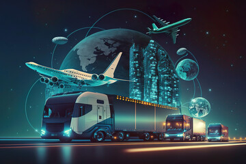 Transport vehicles of the future by rail, air and road. Shipping plans and tracking your shipment to see where it's going and where it's going. Worldwide shipping with world map. AI generated picture.