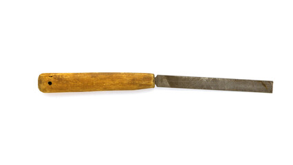 Old used file with wooden handle isolated on white