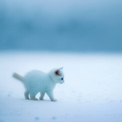 An Illustration of a Majestic and Graceful White Cat Enjoying a Serene Stroll in a Winter Wonderland, Landscape Depicting the Calm and Beauty of Nature in Winter. created with Generative AI technology