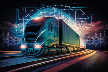 Transport vehicles of the future by rail, air and road. Shipping plans and tracking your shipment to see where it's going and where it's going. Worldwide shipping with world map. AI generated picture.
