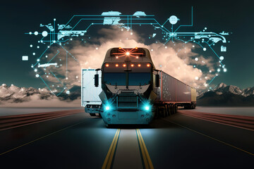 Transport vehicles of the future by rail, air and road. Shipping plans and tracking your shipment to see where it's going and where it's going. Worldwide shipping with world map. AI generated picture.