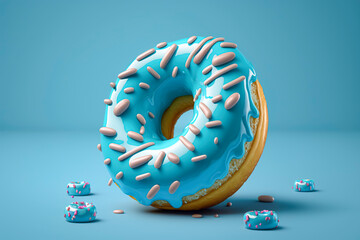 An Illustration of a Mouthwatering Donut with Sprinkles and Icing, Set Against a Soft and Dreamy Pastel Blue Background,  for Foodies and Donut Lovers. created with Generative AI technology