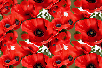 Pattern with wild red poppies on white background. Surface design for interior decoration, textile printing, printed issues, invitation cards. Generative Ai.