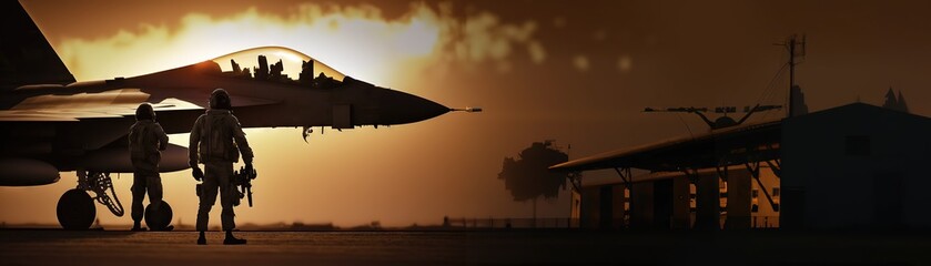 sunset backlit view of military fighter jet pilot beside parked military airforce plane next to barracks or hangar as wide banner with copyspace area for world war conflicts - Generative AI