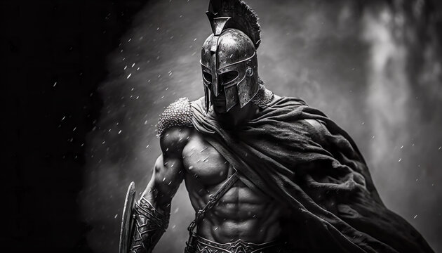 A brave Spartan warrior steps on the battlefield surveying the area. Black and white .Created using generative Ai tools