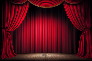 Empty theater stage with red velvet curtains. illustration Generative AI content