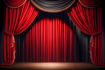 Empty theater stage with red velvet curtains. illustration Generative AI content