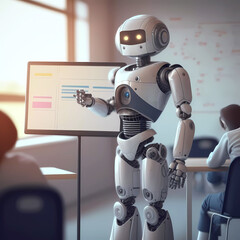 robot stands near the blackboard. Robot humanoid teacher.Banner. Copy space. generative AI