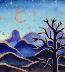 Watercolor painting of a mountain night landscape with a moon and a starry sky.