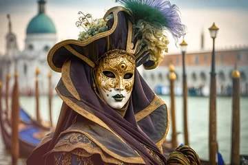Gordijnen Venice Carnival. Woman in purple dress by the sea and gondola © Natallia