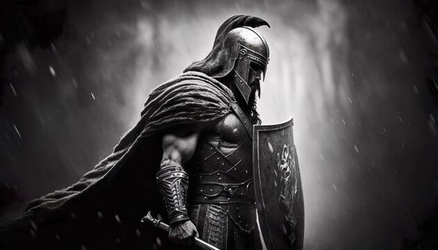 Side view of a brave Viking warrior as he steps on to the battlefield . Black and white .Created using generative Ai tools
