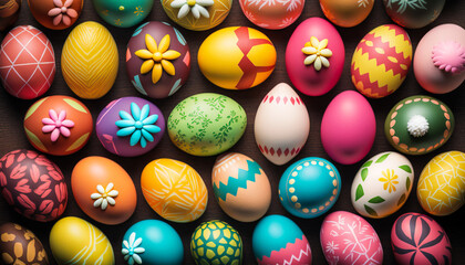 Fototapeta na wymiar Easter eggs - A Basket Full of Happiness: Share the joy of Easter with this cheerful image - ai generated.