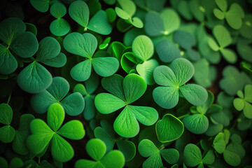 a close up of a bunch of green clovers, background full of lucky clovers, art illustration 