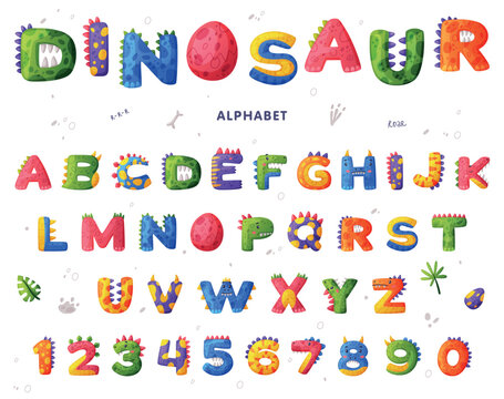 Dinosaur alphabet colorful letters and numbers. Bright dino font. Abc for kids, nursery, birthday party design cartoon vector illustration