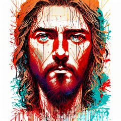 Abstract portrait of Jesus Christ in shades of gold and blue