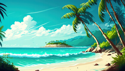 Obraz na płótnie Canvas Seascape illustration sandy beach with coconut trees, bright blue sea with white waves, islands with green forests on the horizon, white clouds in the sky, art illustration