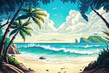 Fototapeta na wymiar Seascape illustration sandy beach with coconut trees, bright blue sea with white waves, islands with green forests on the horizon, white clouds in the sky, art illustration