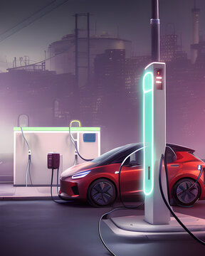 une voiture citadine électrique en charge dans une ville futuriste - IA Generative