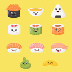 Vector set of cute sushi, rolls, soup, wasabi, ginger, nigiri, sashimi with smiling face and red cheeks in kawaii style. Japanese