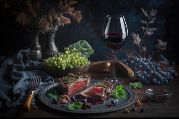 Fototapeta na wymiar Still life of meat in a trayc bottle and glass of red wine, grapes and fresh green herbs on a wooden table and dark background. Photograph created with Generative AI technology