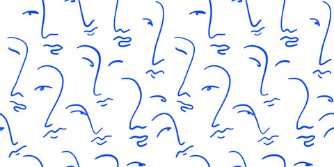 Abstract hand drawn woman face seamless pattern  of line girl head doodles. Modern female portrait background design with freehand cartoon.