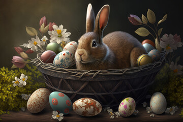 Bunny with easter eggs in a basket illustration created using generative AI.