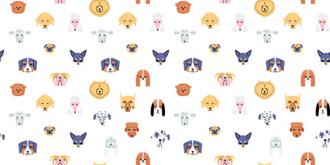 Funny dog animal face icon cartoon seamless pattern in retro flat illustration style. Cute puppy pet head background, diverse domestic dogs breed wallpaper.	