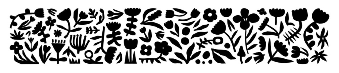 Set of black and white flower doodle elements on isolated background. Trendy vintage abstract floral graphic collection, monochrome nature symbol of organic spring plant icon drawings.
