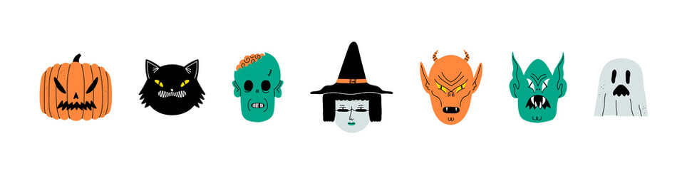 Set of creepy halloween monster face portrait cartoon illustration. Modern flat comic doodle collection on isolated background. Includes witch woman, black cat, zombie and carved pumpkin. © Dedraw Studio