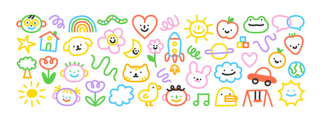 Colorful children cartoon icon collection. Set of funny line doodle decoration on isolated background. Simple kid art bundle includes child character, animal and nature symbol. - obrazy, fototapety, plakaty
