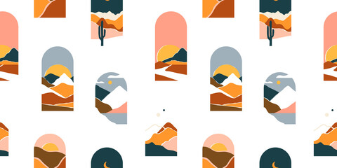 Trendy abstract mountain landscape view seamless pattern illustration. Vintage travel scenery environment background with diverse summer nature hill, desert dune and more.