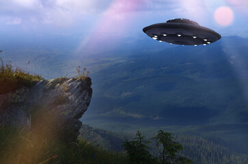 UFO, space saucer flying in the sky over high mountains. Landscape with an invasion by an...