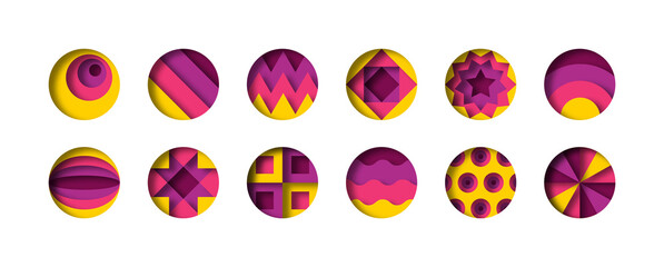 Set of colorful paper cut circle icon with abstract geometric design inside. Modern 3D papercut art icon collection. Trendy cutout layered origami bundle.