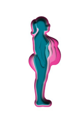 Paper cut woman in full body profile view with layered overweight and athletic body image. Thin female getting obese or weight loss illustration concept. Obesity disease risk, eating disorder design.	
