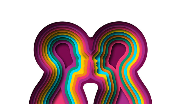 Two colorful paper cut people together on isolated background. Modern papercut human couple or friend team, realistic 3D relationship illustration concept.	
