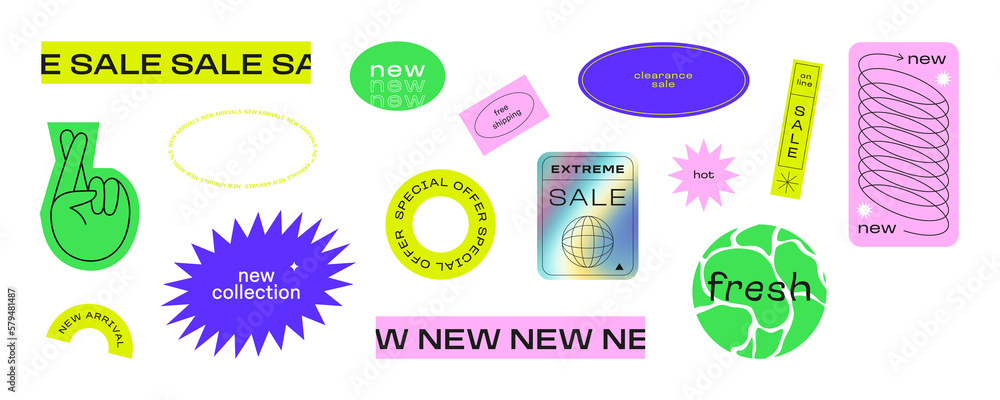 Wall mural colorful business sale sticker collection. set of trendy neon cartoon label for store discount, onli