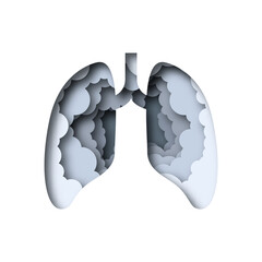 Realistic 3D paper cut human lung with black smoke inside. Papercut respiratory organ illustration on isolated background for toxic pollution air, bad smoker health or disease risk concept.