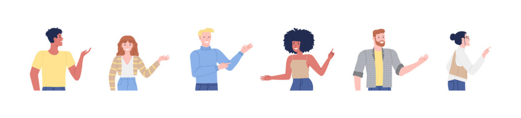 Set of diverse young people cartoon character pointing with hand for business presentation or product promotion. Happy woman and man group showing empty copy space.	